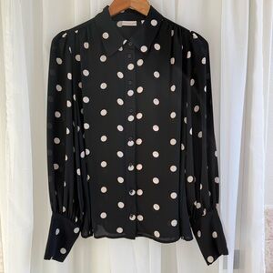 Eva Mendes New York & Company - Black and Off-White Polka Dot Button Down Blouse